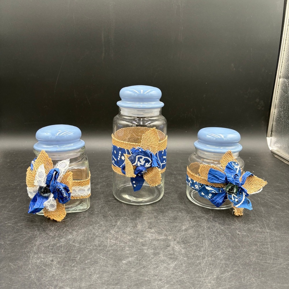 Rustic Farmhouse Glass Canister Set 3pc Burlap Blue Bandana Lace Decor Lids